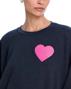 AVIATOR NATION Glitter Heart Relaxed Crewneck Sweatshirt | Charcoal & Pink