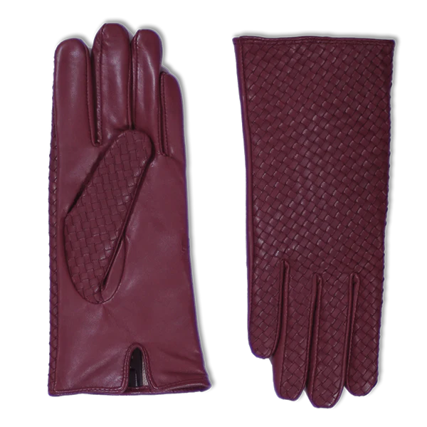 Basketweave Leather Gloves | Burgundy & Cognac