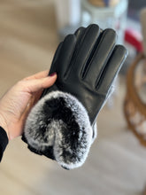 Load image into Gallery viewer, Touch Screen Lamb Leather Rabbit Fur Gloves | Black