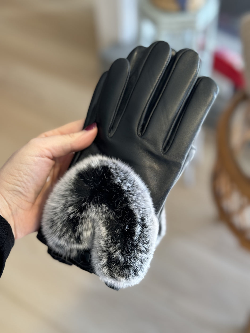 Touch Screen Lamb Leather Rabbit Fur Gloves | Black