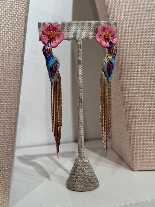 Nach France Hand Painted Hummingbird Fringe Earrings