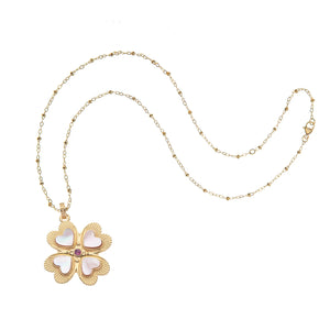 Jane Win LUCKY in Love Clover Pendant with Pink Shell On Satellite Chain